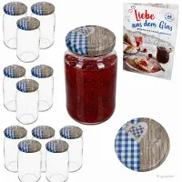 MamboCat 12er Set Sturzglas 720ml Einmachglas Holz Herz blau Deckel Rezept-Heft