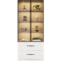 Merax LED Vitrinenschrank 60×40×160 cm, Glasvitrine mit gehärteten Glastüren, Bücherregal & Multifunktionsschrank mit 2 Schubladen, weiß