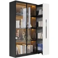 Merax LED Vitrinenschrank 110.5×35×160 cm, Multifunktionsschrank mit Glasvitrine, Bücherregal & Aufbewahrungsschrank, Rollschrank schwarz & weiß