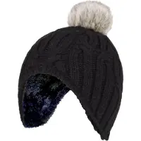 Heat Holder Wärmehalter - Mädchen Kabel gestrickt Beanie-Mütze mit Pom Pom Bommel für Winter | Warme thermisch isolierte Mütze - Schwarz