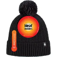 Heat Holder Damen-Thermokabel-Beanie-Mütze | Wärmehalter | Gestrickte Wintermütze mit Bommel | Weiche gerippte Bommelmütze in Schwarz