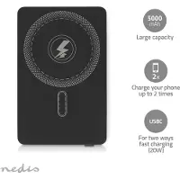 Nedis powerbank - 5000 mAh - 20 W - Drahtlose Ladestromversorgung: 15 W - 1.67 / 2.22 / 3.0 A - Geräteausgangsanschluss: 1x USB-C - Geräteeingangsanschluss: 1x USB-C - Lithium-Polymer