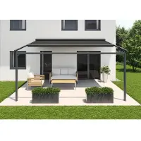 Soluna Pergola mit Stoffdach 5x5 Stoff Dessin 8446 Gestell RAL 7016 anthrazitgrau Antrieb links inkl. Motor, Wandschalte