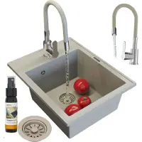 Granitan - Granitspüle - Spülbecken 50x40 cm - Küchenspüle Beige - mit Armatur GRADO und Siphon - NERO