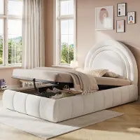 SUCCESS COURIER Polsterbett 90x200 cm Bouclé Beige mit Stauraum Hydraulisch & Kopfteil - Kinderbett Einzelbett Jugendbett wackelfrei bis 150kg ohne Matratze