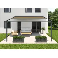 Soluna Pergola mit Stoffdach 4x4,5 Stoff Dessin S2838 Gestell RAL 7016 anthrazitgrau Antrieb Links inkl. Motor, Wandscha