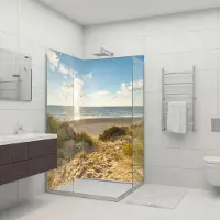 Dedeco Eck-Duschrückwände Aluminium wasserfest Motiv: Dünengras V4, Nano-Protect hochglänzend, 2 x 90x200x0,3cm, Badrückwand, Fliesenersatz fugenlos Wandverkleidung Wandpaneele, Germany