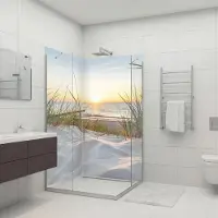 Dedeco Eck-Duschrückwände Aluminium wasserfest Motiv: Sonnenaufgang V1, Nano-Protect seidenmatt, 2 x 100x200x0,3cm, Fliesenersatz fugenlos Wandverkleidung Wandpaneele, Germany