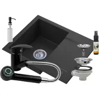 Granitan | Granitspüle - Spülbecken - 57,4x46,4 cm - Schwarz - Mischbatterie HAND - Mit Spender - mit Abtropfgestell - TOP