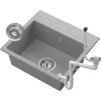 Granitan | Granitspüle - Küchenspüle - Spülbecken 42x45x15 cm - Grau - mit Siphon - Einbauspüle für 45er Schrank - MILOS