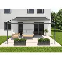 Soluna Pergola mit Stoffdach 5x2,5 Stoff Dessin S3581 Gestell RAL 7016 anthrazitgrau Antrieb Links inkl. Motor, Wandscha