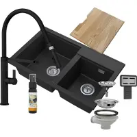 Granitan | Granitspüle - Küchenspüle - Spülbecken 2-Kammer - 80x50cm - Rechteckig - Schwarz - Mischbatterie FULL - Schneidebrett - HEKTOR
