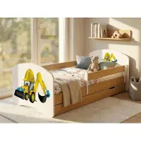 Happy Babies Kinderbett "Happy" 140x70 cm mit Schublade & Rausfallschutz | Juniorbett Holzoptik Birne | Stabiles Kleinkindbett, Bagger