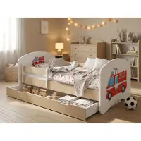 Happy Babies Kinderbett "Happy" 140x70 cm mit Schublade & Rausfallschutz | Juniorbett Holzoptik Birne | Stabiles Kleinkindbett, Feuerwehrwagen