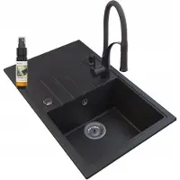 Granitan - Granitspüle - Küchenspüle - 78x50 cm - Schwarz - mit Armatur NEXO und Abtropfgestell - ERIS