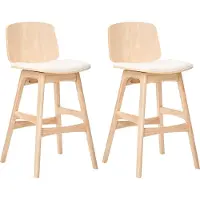 Beliani Barstuhl 2er Set Hellbraun u. Hellbeige Gummibaumholz mit Polstersitz Fußstütze ohne Armlehnen Retro Stil Holzstuhl Stuhl für Esszimmer Küche