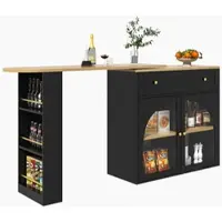 MODFU Bartisch ausziehbar mit Stauraum und 360 Grad Drehfunktion Schwarz 204x39x104 mit Sicherheitsglas Türen und Seitenregal, MDF