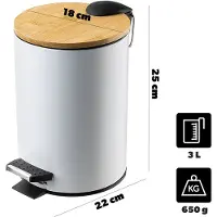 Kadax Badmülleimer "Linter", Eimer mit Bambusdeckel, Mülleimer für Bad und WC, Abfalleimer, 3L, Weiß