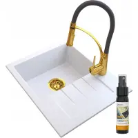 Granitan | Granitspüle - Spülbecken - 57,4x46,4 cm - Weiß - Mischbatterie NEXO Gold - mit Abtropfgestell - MILANO