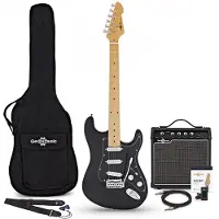 Gear4Music LA Select E-Gitarre Schwarz im Bundle mit 15-Watt-Gitarrenverstärker und Zubehör