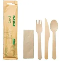 Papstar Besteckset Holz "pure": Messer, Gabel, Löffel, Serviette | Papier (1 Stück)