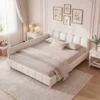 MODFU Polsterbett Einzelbett 140x190 mit Sicherheitsgitter Kinderbett mit gepolstertes Kopfteil und Massivholz-Bettbeinen ohne Matratze Beige