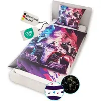NYVI Renforce Kinderbettwäsche Glow in the Dark aus 100% Baumwolle - Vorderseite leuchtend, mit Wendemuster, Reißverschluss, 100, Farbe:Rennautos, Größe:135x200 cm