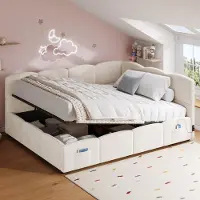 OKWISH Kinderbett 140×190 mit USB-Ladegerät und Stautasche, Schlafsofa mit Viel Stauraum, Einzelbett in Beige, ohne Matratze
