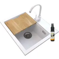 Granitan - Granitspüle - Küchenspüle - 56x50 cm - Weiß - mit Armatur BETA und Schneidebrett - Spülbecken - FOXAL