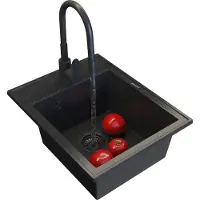 Granitan - Granitspüle - Spülbecken 50x40 cm - Küchenspüle Schwarz - mit Armatur und Siphon - NERO