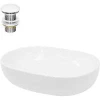 LuxeBath Waschbecken Aufsatzwaschbecken Oval, 60x42x14,5 cm, Weiß, aus Keramik, inkl. Ablaufgarnitur ohne Überlauf