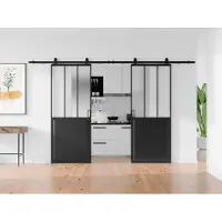 Vente-unique Industrielle Doppelschiebetür mit Aufsatzschiene - Schwarz und mattiertes gehärtetes Glas - 2 x H 205 x B 83 cm - ARTISTO II