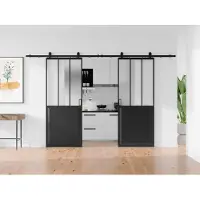 Vente-unique Industrielle Doppelschiebetür mit Aufsatzschiene - Schwarz und mattiertes gehärtetes Glas - 2 x H 205 x B 73 cm - ARTISTO II