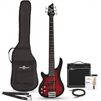 Gear4Music Chicago 5-saitige Linkshänder-Bassgitarre Trans Red im Paket mit 15-Watt-Verstärker von