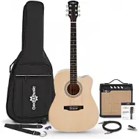 Gear4Music Dreadnought-Cutaway-Elektroakustikgitarre Natur mit 15-Watt-Verstärker und Zubehörset