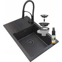 Granitan - Granitspüle - Küchenspüle - 80x50 cm - Schwarz - mit Armatur NEXO und Abtropfgestell - LOUIS