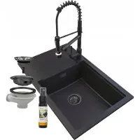 Granitan | Granitspüle - Küchenspüle - Spülbecken 2-Kammer - 80x50cm - Rechteckig - Schwarz - Mischbatterie SPIRAL - mit Siphon - HEKTOR