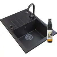 Granitan - Granitspüle - Küchenspüle - 68x49 cm - Schwarz - mit Armatur BETA und Abtropfgestell - CALYPSO