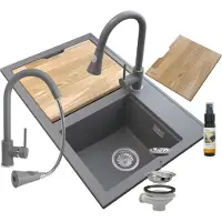 Granitan - Granitspüle - Küchenspüle - 2 Becken - 80x50 cm - Grau - mit Armatur SNAKE und Schneidebrett - HEKTOR