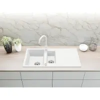 Faizee Home Granitspüle Spülbecken Küchenspüle Einbauspüle 100x50 cm 2 Becken mit Abtropffläche mit Armatur, Farben:Weiß