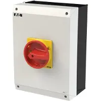 Eaton 207373 Hauptschalter, P3, 100 A, Aufbau, 3-polig, NOT-AUS-Funktion, mit rotem Drehgriff und gelbem Sperrkranz, abschließbar in 0-Stellung
