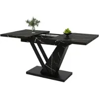 OKWISH Ausziehbarer Esstisch Teleskoptisch 76x160x75 cm Marmordekor Schwarz mit Metallschienen Verriegelung und verstellbaren Füßen MDF Metall