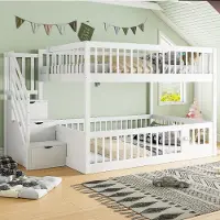 Sweiko Etagenbett 140 x200 Kinderbett mit Sicherheitstreppe und Schubladen, weißes Holzeinzelbett mit Stauraumbett für Kinder, Jugendliche