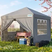 Quictent Pavillon 3x3 Faltpavillon mit 4 Seitenteilen, Wasserdicht Gartenpavillon mit Rolltasche, Partyzelt Gartenzelt, Grau