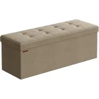 Songmics 110 cm Klappbarer Speicher-Ottoman-Bank, Ottomans-Fußbank, gepolsterter Sitz, Aufbewahrungskiste, Tragfähigkeit 300 kg, für Wohnzimmer, Schlafzimmer, Eingangsbereich, Kamelbraun