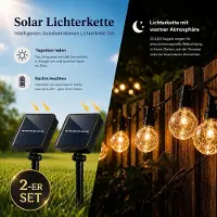 Feilicious 2x Solar Lichterkette 5m - 20 LED Kristallkugel, warmweiß, IP65, Garten & Terrasse, 8 Modi, H094
