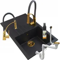 Granitan - Granitspüle - Küchenspüle - Gold - mit Armatur und Abtropffläche - Spülbecken