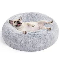 Feandrea Hundebett flauschig, Katzenbett, Donut Kissen, waschbar, Polsterung in der Mitte herausnehmbar, langer Plüsch, 70 cm Durchmesser, Ombré-Grau