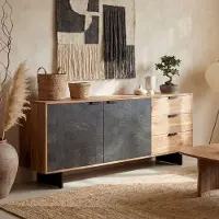 Wohnling Sideboard 175x76x40 cm Akazie Massivholz Kommode mit Steinoptik Hoher Kommodenschrank Modern Standschrank mit 2 Türen und 3 Schubladen