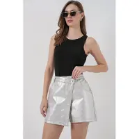 Big Dart Hochtaillierte Metallische Mini-Shorts mit Knopfverschluss